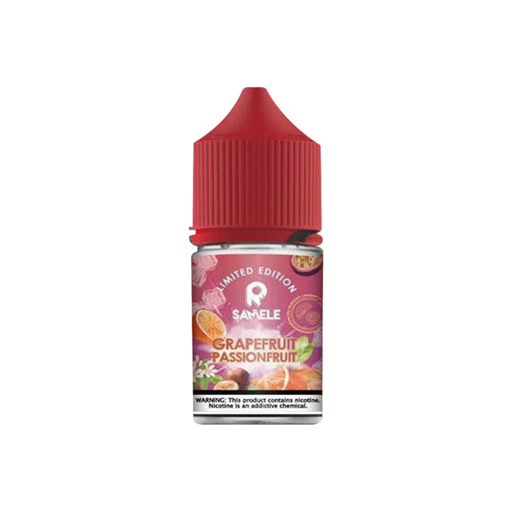 Samele 冰釀葡萄柚百香果-30ML，葡萄柚酸甜的果肉香氣與百香果的鮮甜疊加融合,沁涼的獨特酸爽風味,飽滿層次的味覺體驗維持冰釀果香鮮甜的特性,有別過往水果單調口味,這次直接給你兩大果香飽足。